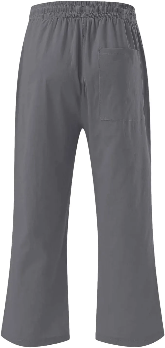 Linen Capri Pants for Women Casual Summer Capris Drawstring High Waist Pants Wide Leg Cropped Trousers