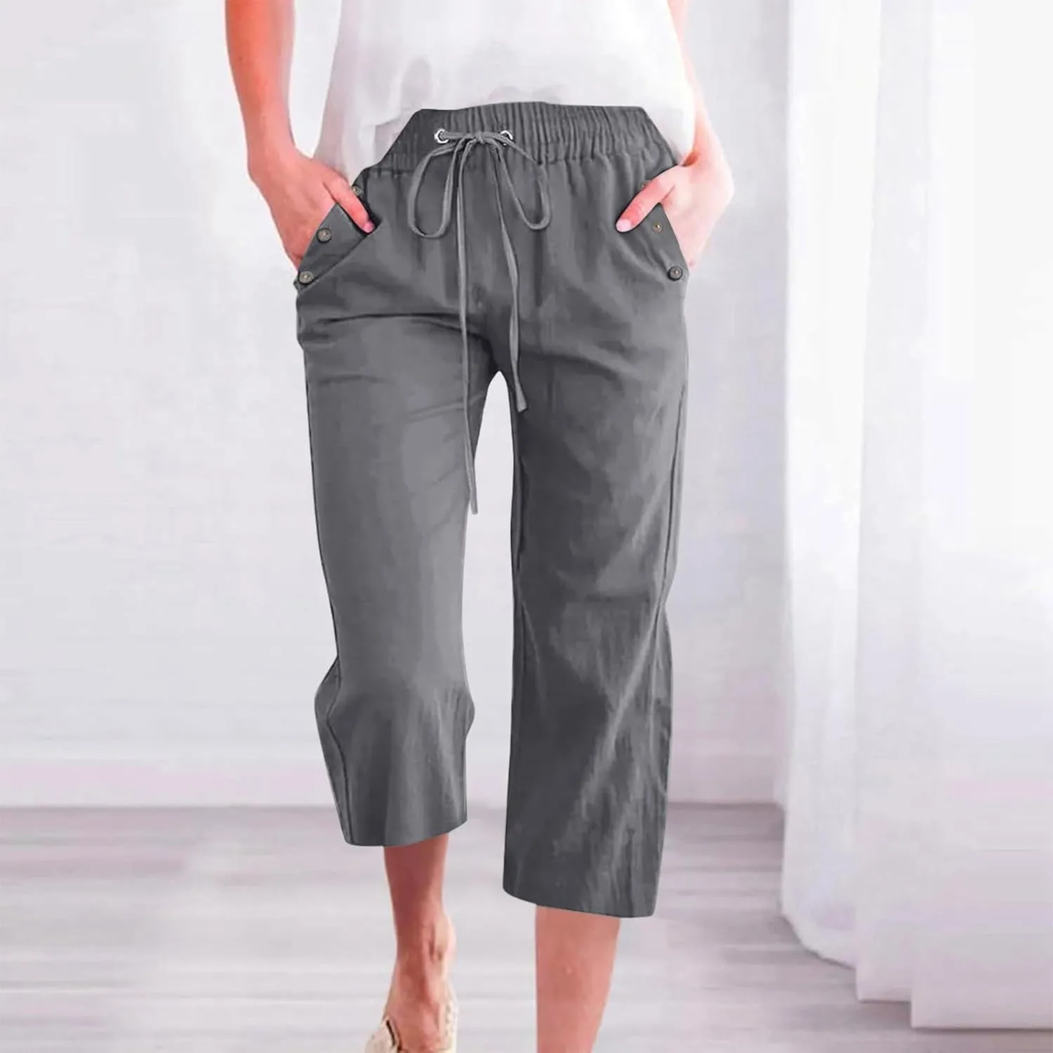 Linen Capri Pants for Women Casual Summer Capris Drawstring High Waist Pants Wide Leg Cropped Trousers