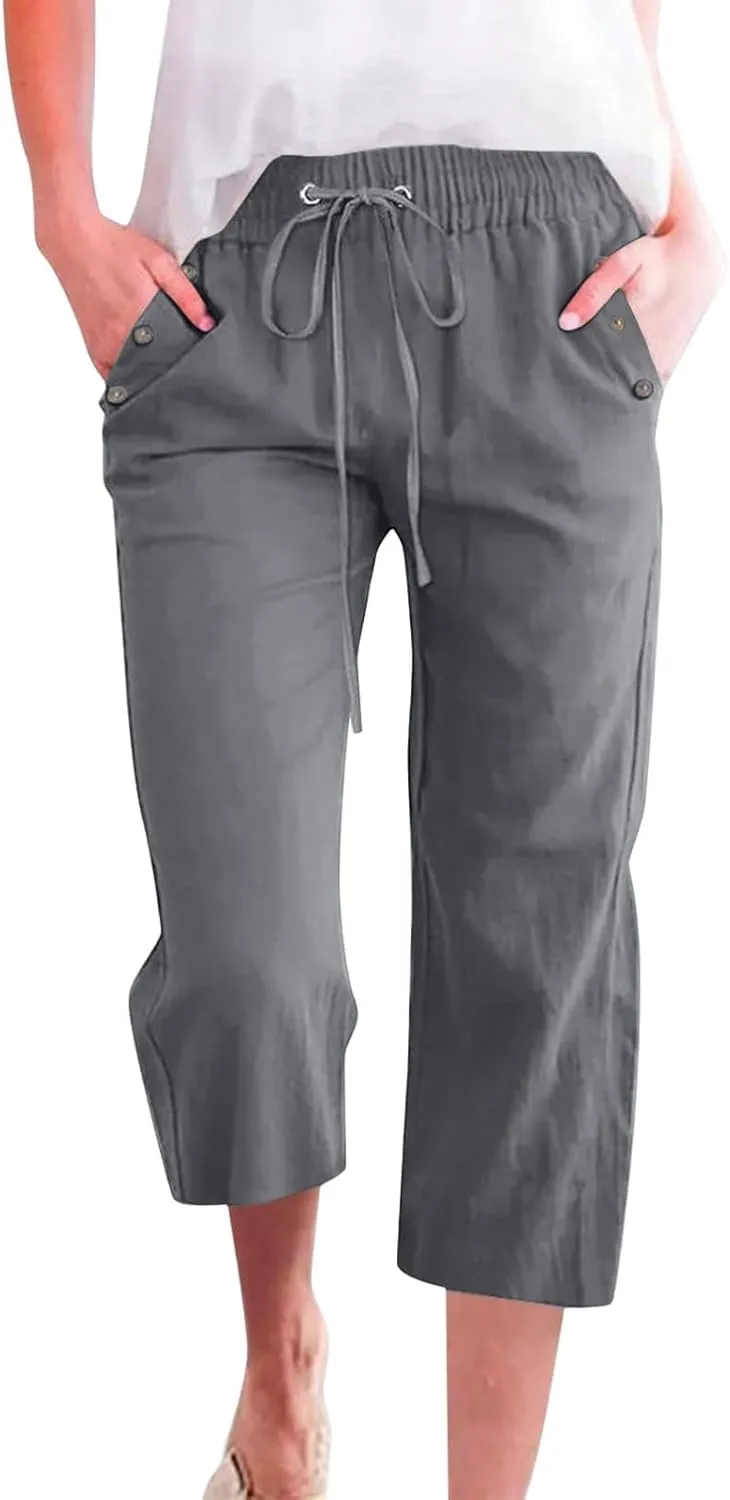 Linen Capri Pants for Women Casual Summer Capris Drawstring High Waist Pants Wide Leg Cropped Trousers