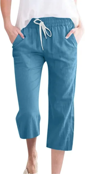 Linen Capri Pants for Women Casual Summer Capris Drawstring High Waist Pants Wide Leg Cropped Trousers