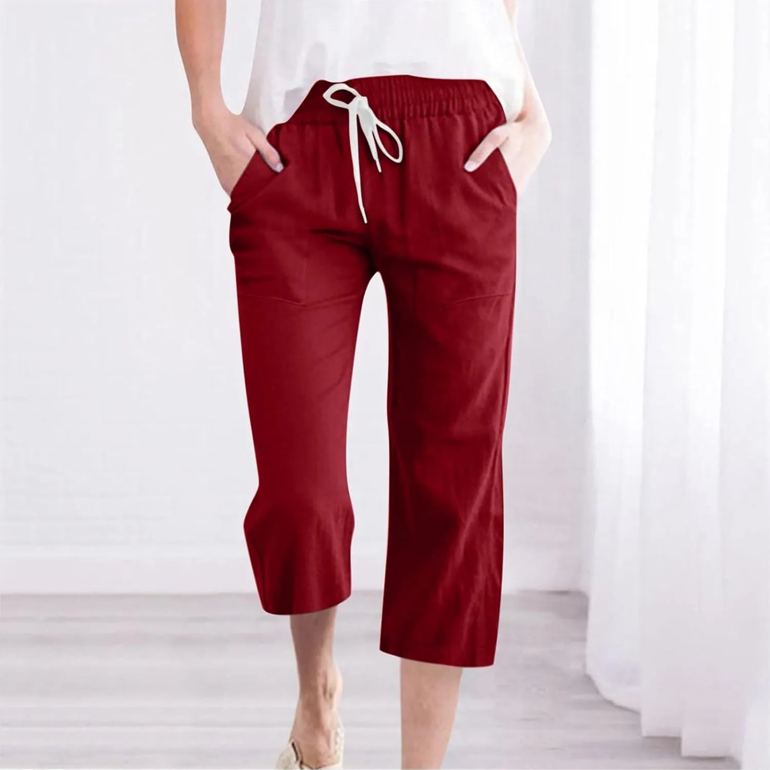 Linen Capri Pants for Women Casual Summer Capris Drawstring High Waist Pants Wide Leg Cropped Trousers