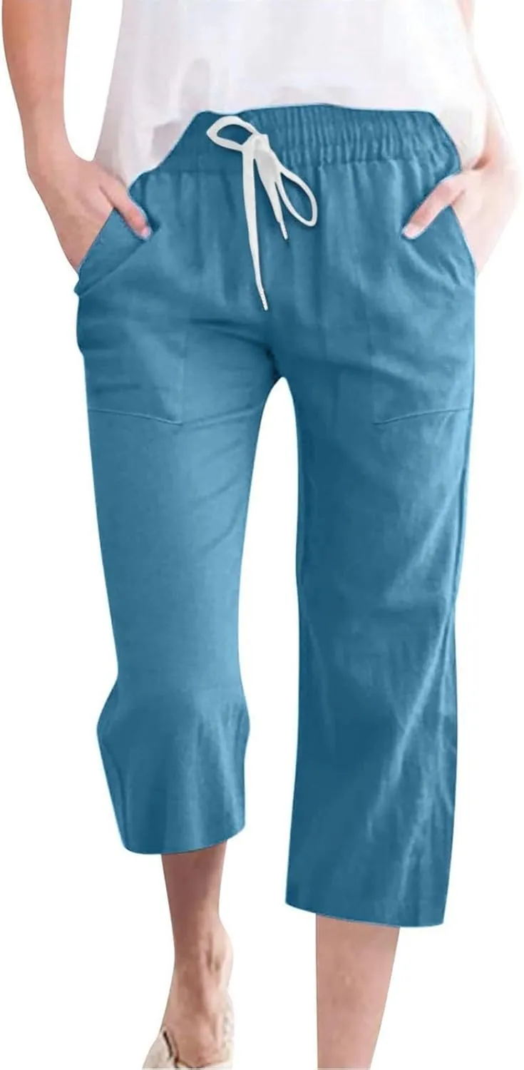 Linen Capri Pants for Women Casual Summer Capris Drawstring High Waist Pants Wide Leg Cropped Trousers