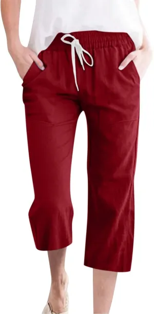 Linen Capri Pants for Women Casual Summer Capris Drawstring High Waist Pants Wide Leg Cropped Trousers