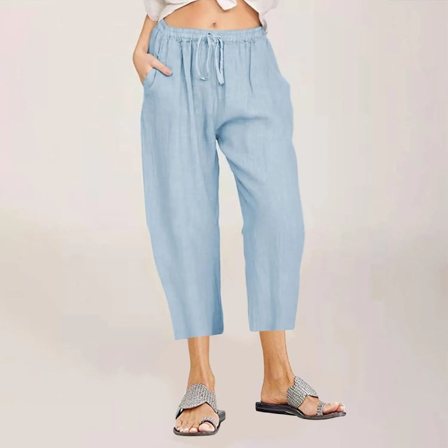 Linen Capri Pants for Women Cotton Casual Summer Capris Drawstring High Waist Pants Wide Leg Cropped Trousers