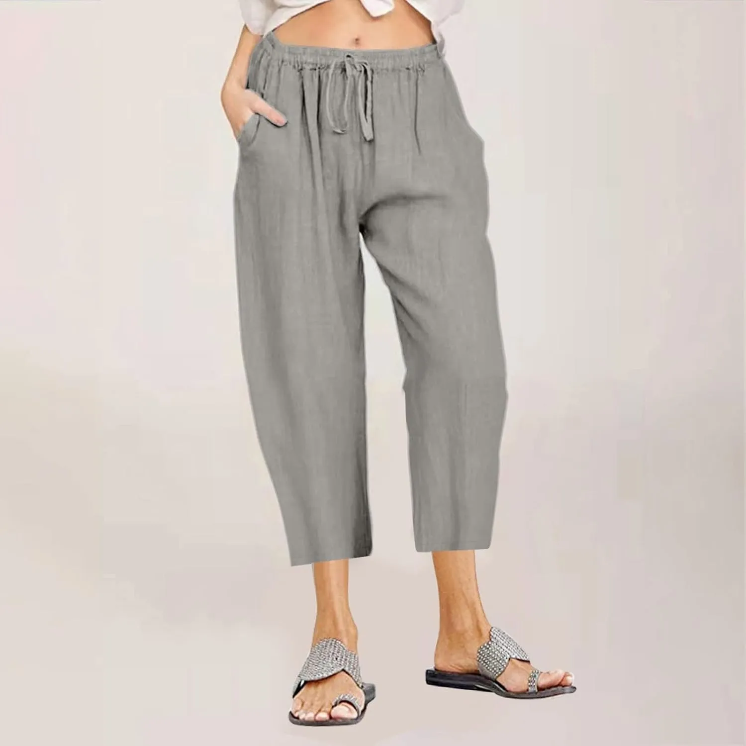 Linen Capri Pants for Women Cotton Casual Summer Capris Drawstring High Waist Pants Wide Leg Cropped Trousers