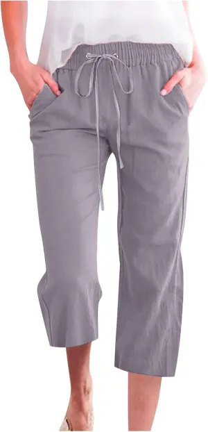 Linen Capri Pants for Women Cotton Casual Summer Capris Drawstring High Waist Pants Wide Leg Cropped Trousers