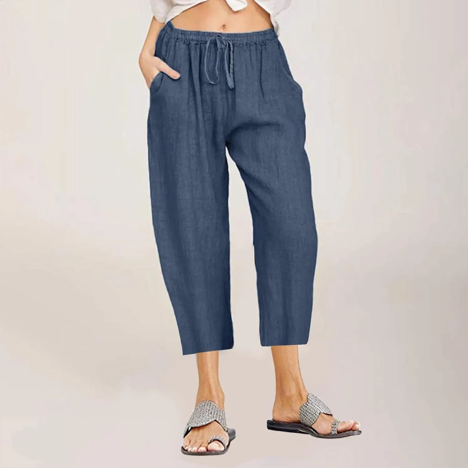 Linen Capri Pants for Women Cotton Casual Summer Capris Drawstring High Waist Pants Wide Leg Cropped Trousers