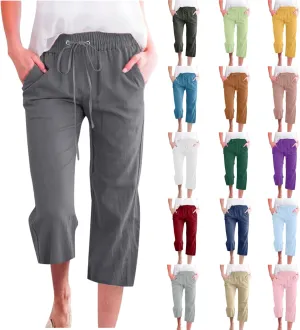 Linen Capri Pants for Women Cotton Casual Summer Capris Drawstring High Waist Pants Wide Leg Cropped Trousers
