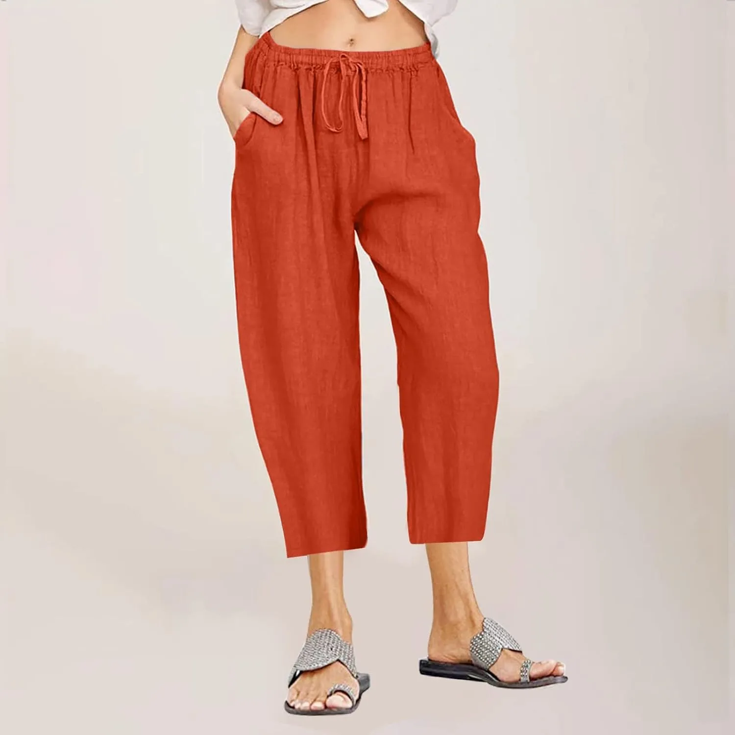 Linen Capri Pants for Women Cotton Casual Summer Capris Drawstring High Waist Pants Wide Leg Cropped Trousers