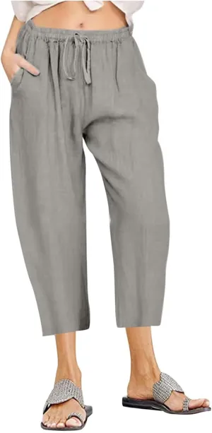Linen Capri Pants for Women Cotton Casual Summer Capris Drawstring High Waist Pants Wide Leg Cropped Trousers