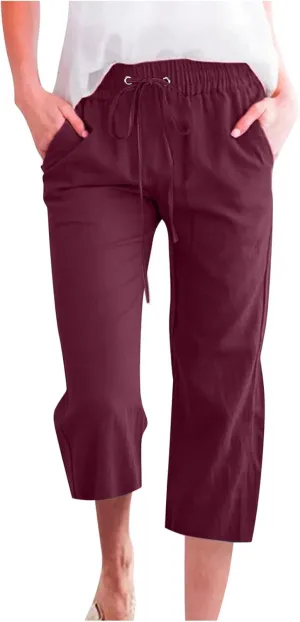 Linen Capri Pants for Women Cotton Casual Summer Capris Drawstring High Waist Pants Wide Leg Cropped Trousers
