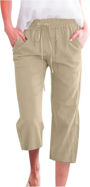 Linen Capri Pants for Women Cotton Casual Summer Capris Drawstring High Waist Pants Wide Leg Cropped Trousers