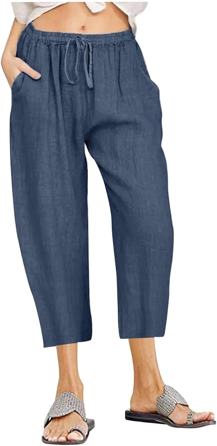 Linen Capri Pants for Women Cotton Casual Summer Capris Drawstring High Waist Pants Wide Leg Cropped Trousers