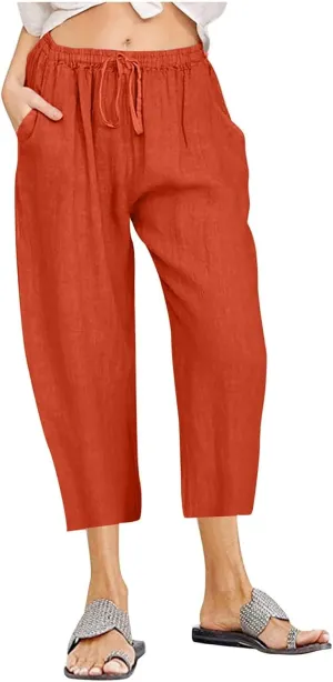 Linen Capri Pants for Women Cotton Casual Summer Capris Drawstring High Waist Pants Wide Leg Cropped Trousers