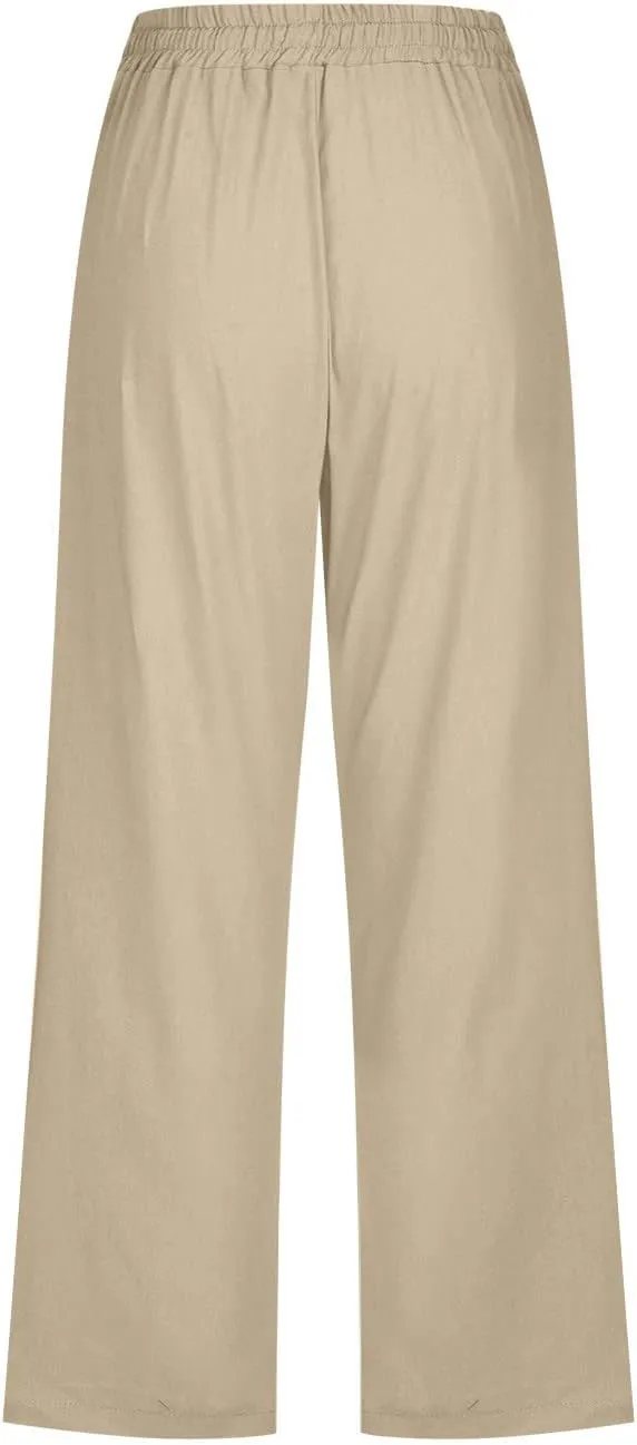 Linen Capri Pants for Women Cotton Casual Summer Capris Drawstring High Waist Pants Wide Leg Cropped Trousers
