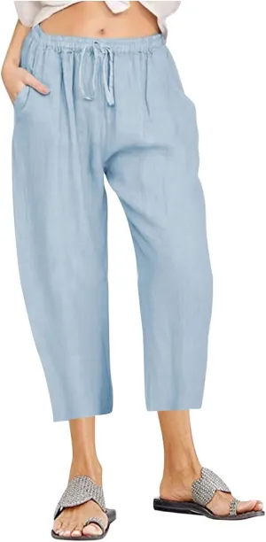 Linen Capri Pants for Women Cotton Casual Summer Capris Drawstring High Waist Pants Wide Leg Cropped Trousers