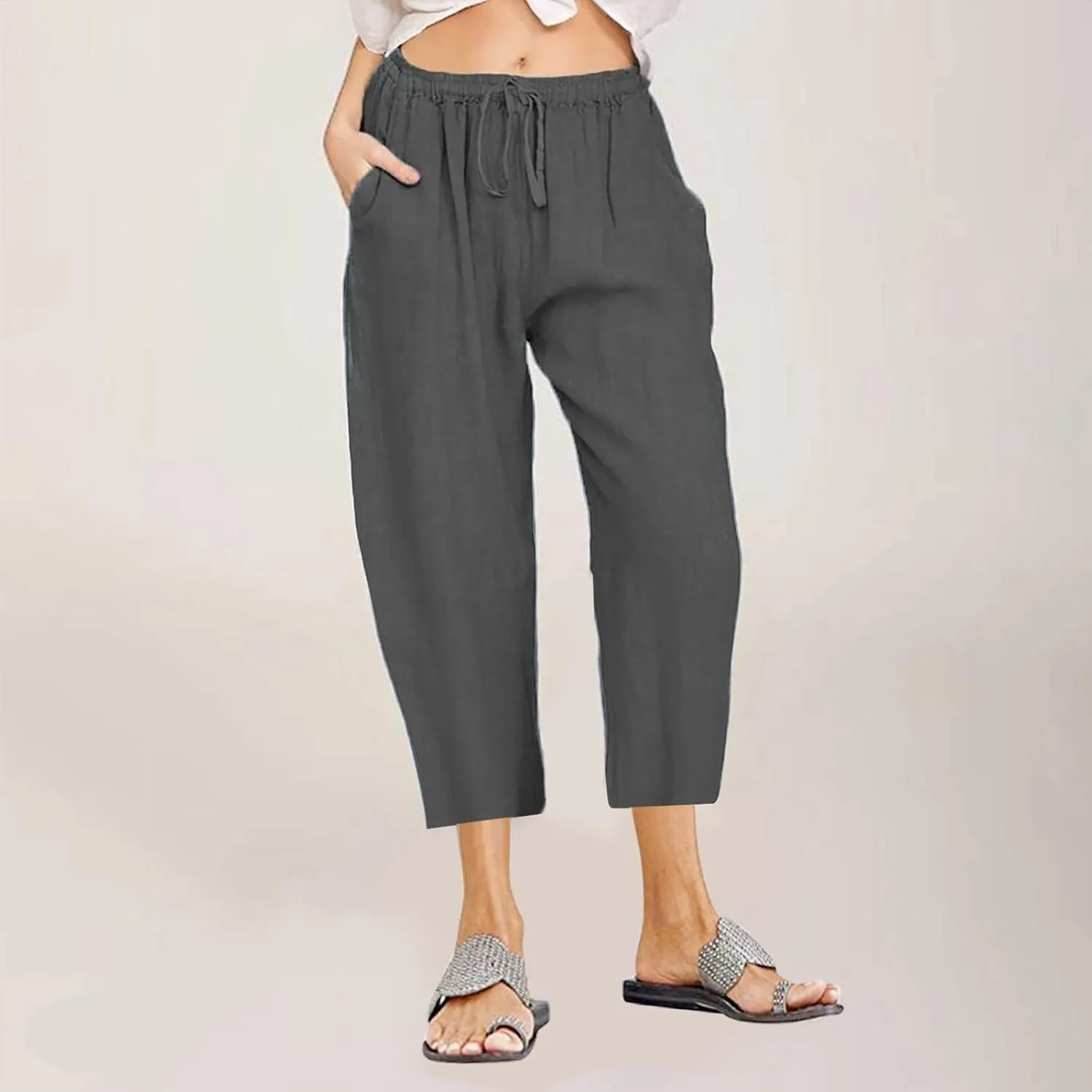Linen Capri Pants for Women Cotton Casual Summer Capris Drawstring High Waist Pants Wide Leg Cropped Trousers