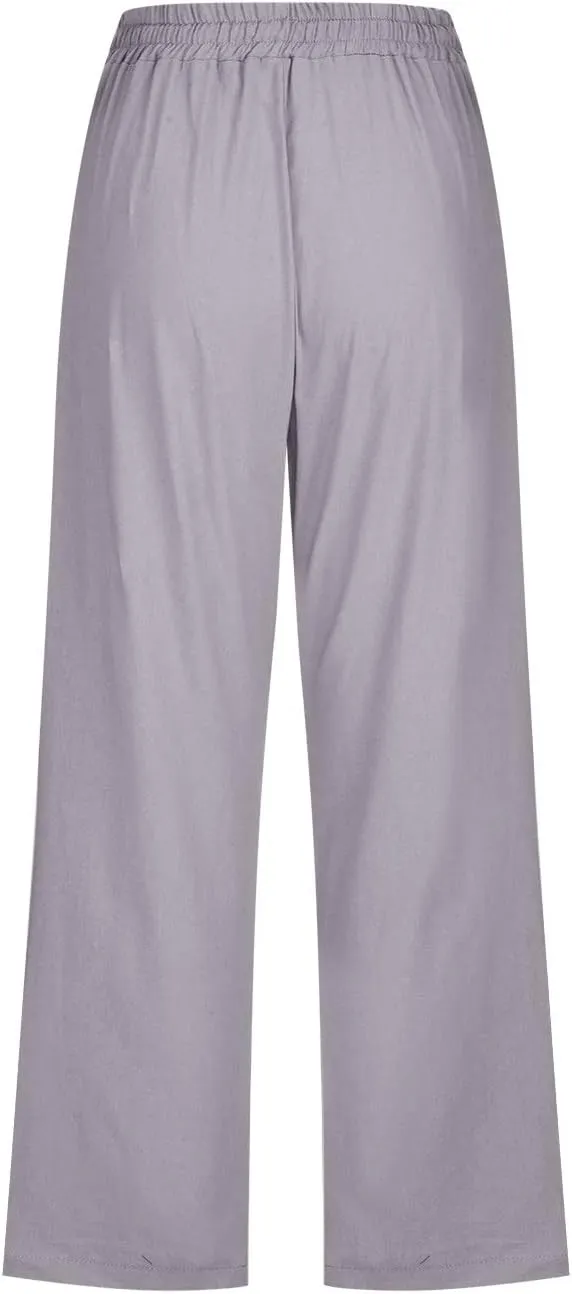 Linen Capri Pants for Women Cotton Casual Summer Capris Drawstring High Waist Pants Wide Leg Cropped Trousers