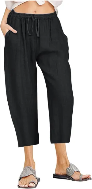Linen Capri Pants for Women Cotton Casual Summer Capris Drawstring High Waist Pants Wide Leg Cropped Trousers
