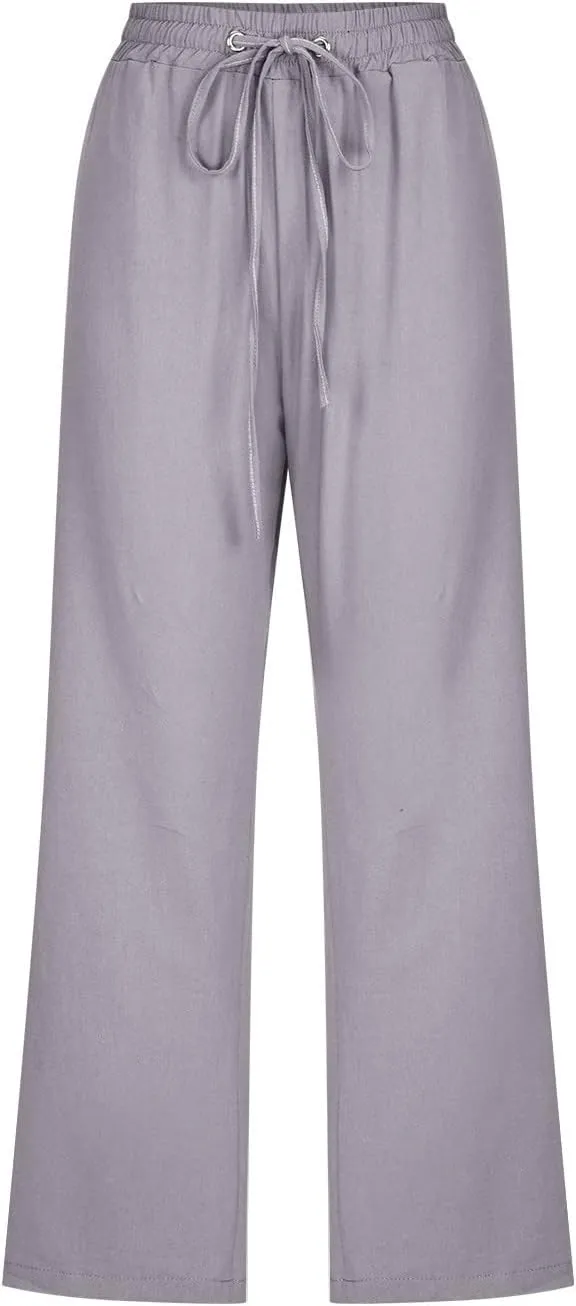 Linen Capri Pants for Women Cotton Casual Summer Capris Drawstring High Waist Pants Wide Leg Cropped Trousers