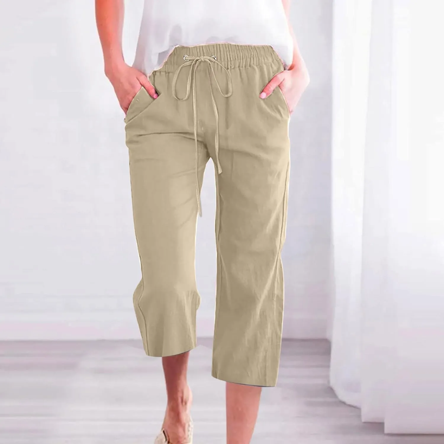 Linen Capri Pants for Women Cotton Casual Summer Capris Drawstring High Waist Pants Wide Leg Cropped Trousers