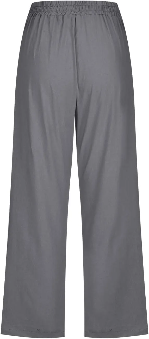 Linen Capri Pants for Women Cotton Casual Summer Capris Drawstring High Waist Pants Wide Leg Cropped Trousers
