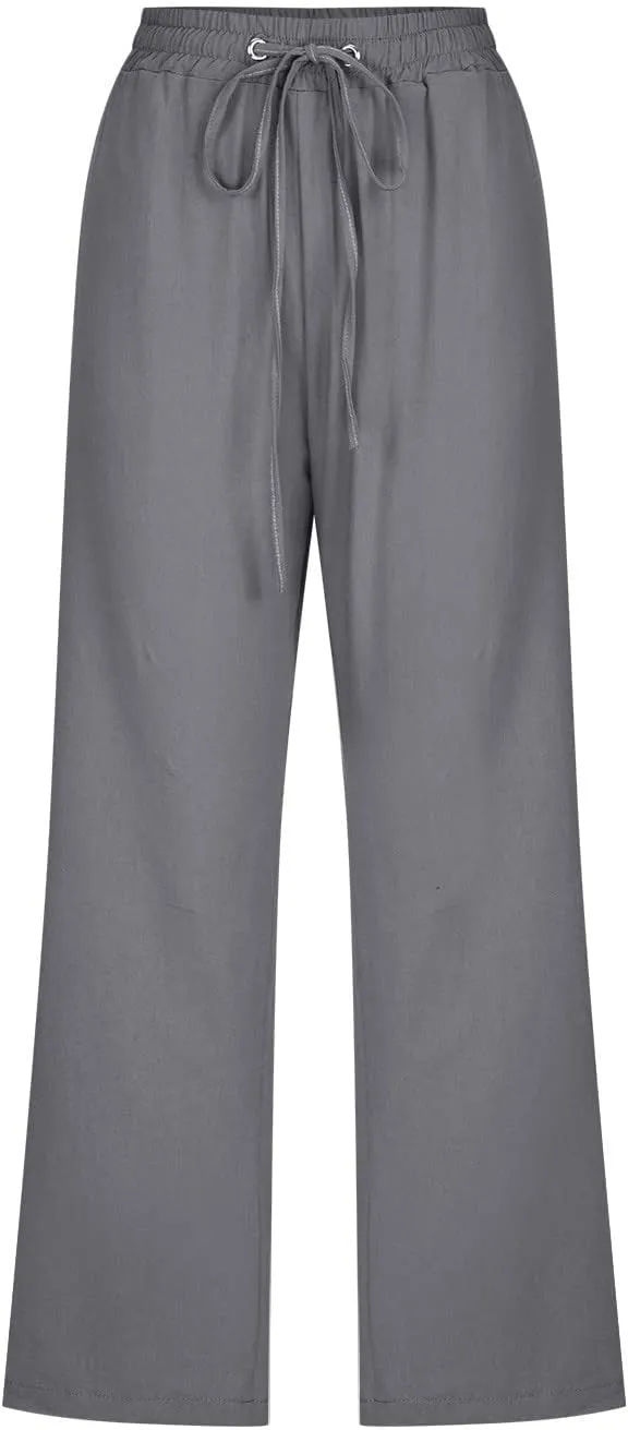 Linen Capri Pants for Women Cotton Casual Summer Capris Drawstring High Waist Pants Wide Leg Cropped Trousers
