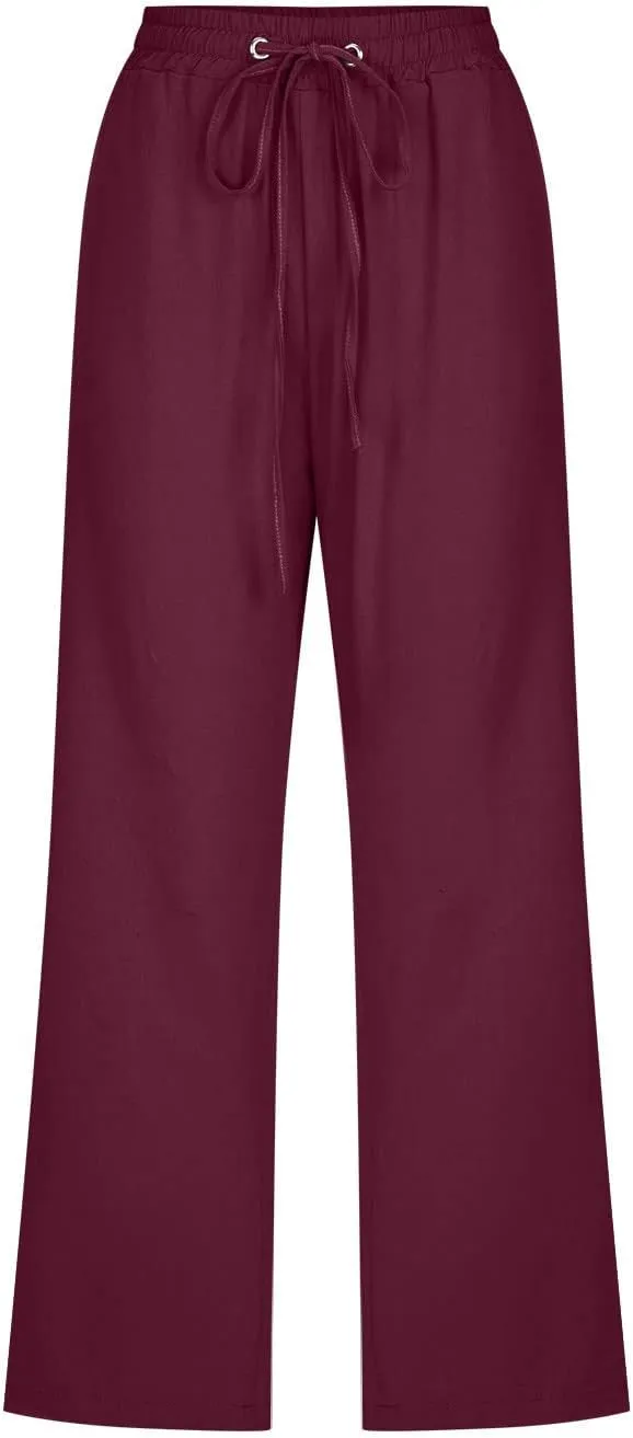 Linen Capri Pants for Women Cotton Casual Summer Capris Drawstring High Waist Pants Wide Leg Cropped Trousers