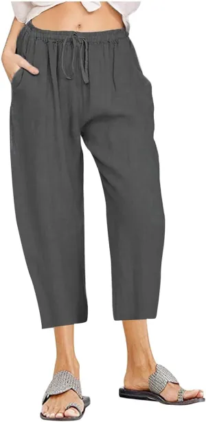 Linen Capri Pants for Women Cotton Casual Summer Capris Drawstring High Waist Pants Wide Leg Cropped Trousers