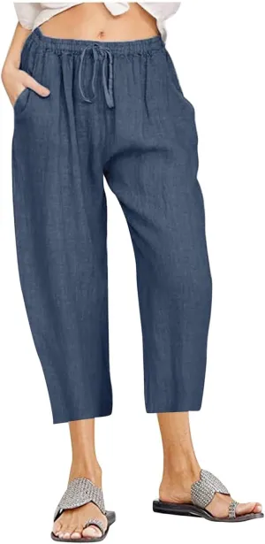 Linen Capri Pants for Women Cotton Casual Summer Capris Drawstring High Waist Pants Wide Leg Cropped Trousers