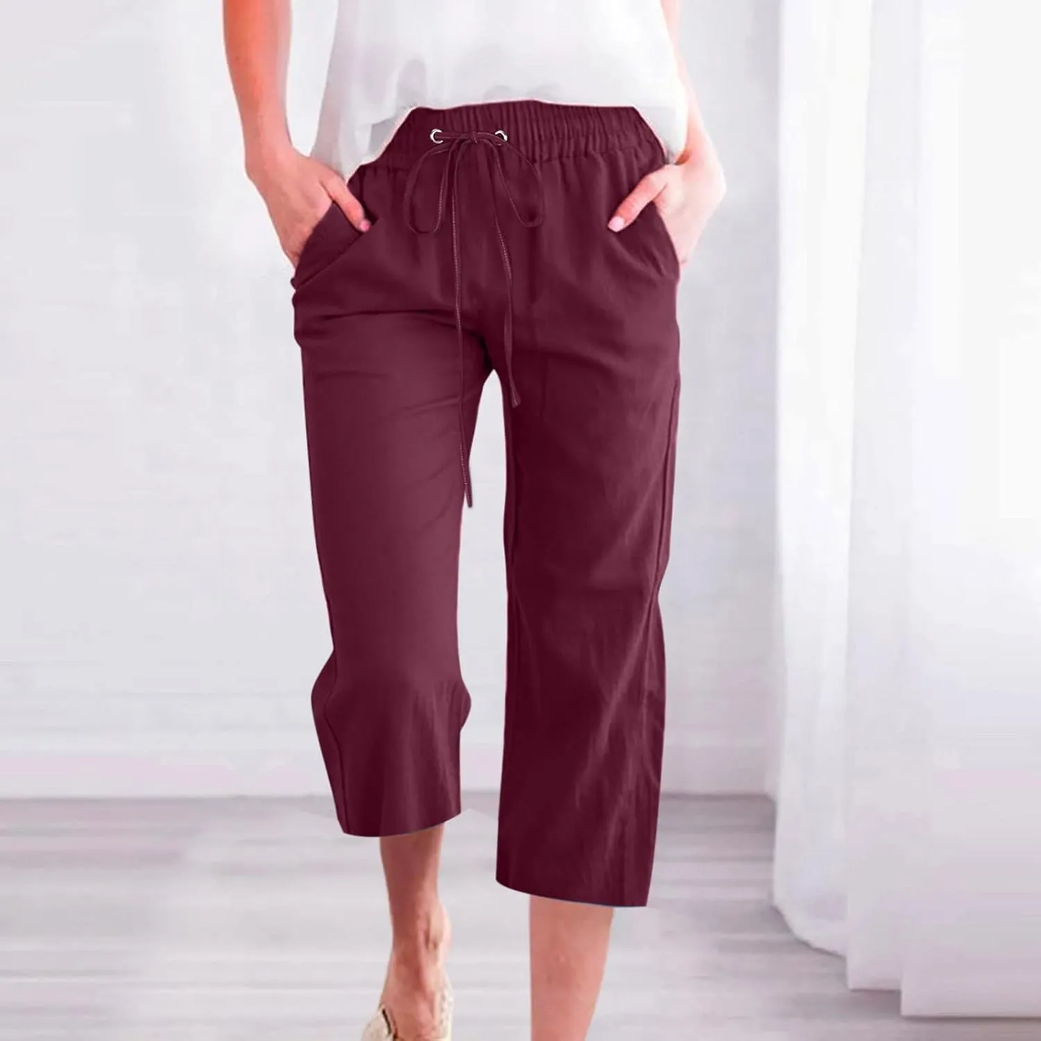 Linen Capri Pants for Women Cotton Casual Summer Capris Drawstring High Waist Pants Wide Leg Cropped Trousers