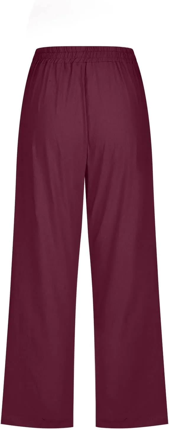 Linen Capri Pants for Women Cotton Casual Summer Capris Drawstring High Waist Pants Wide Leg Cropped Trousers