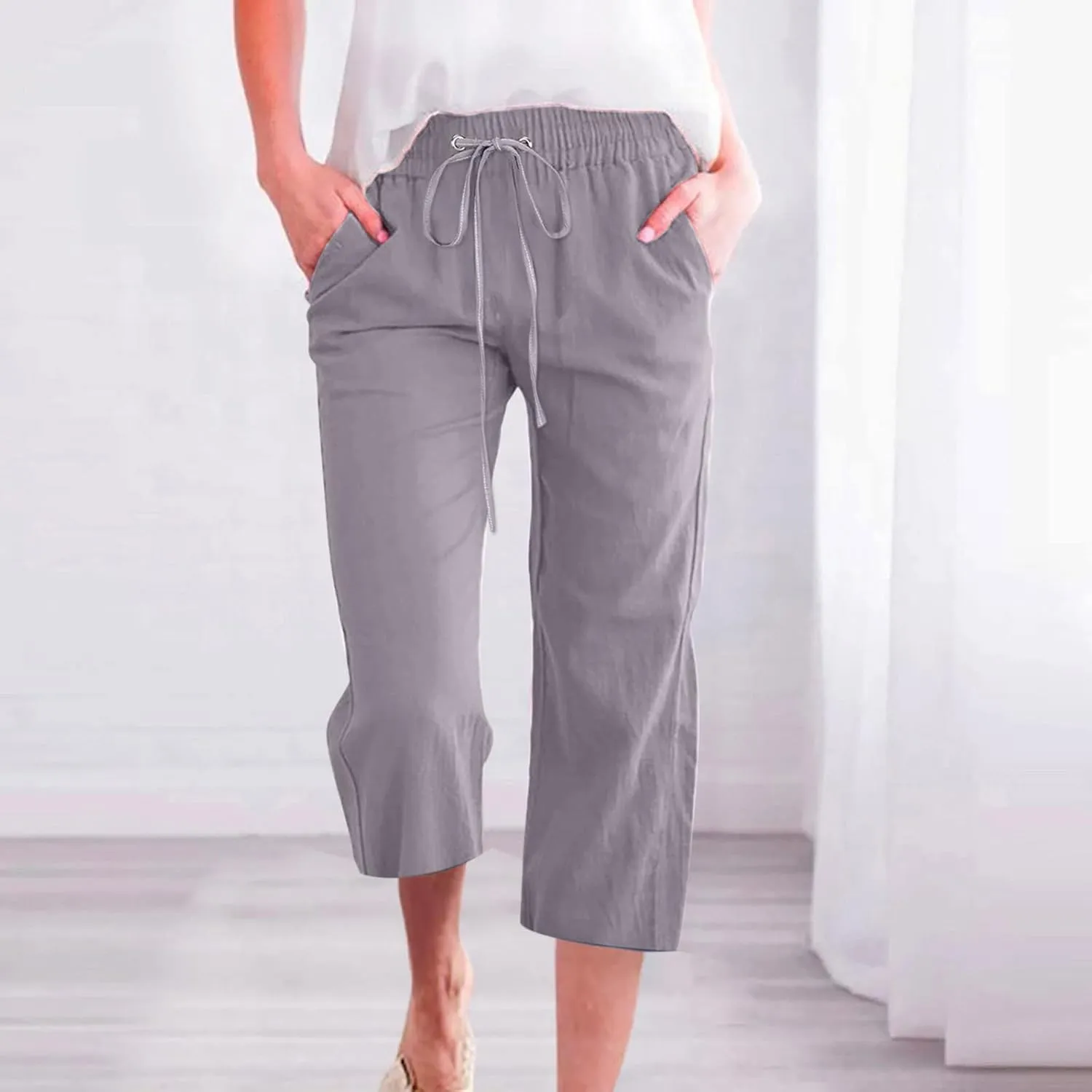 Linen Capri Pants for Women Cotton Casual Summer Capris Drawstring High Waist Pants Wide Leg Cropped Trousers