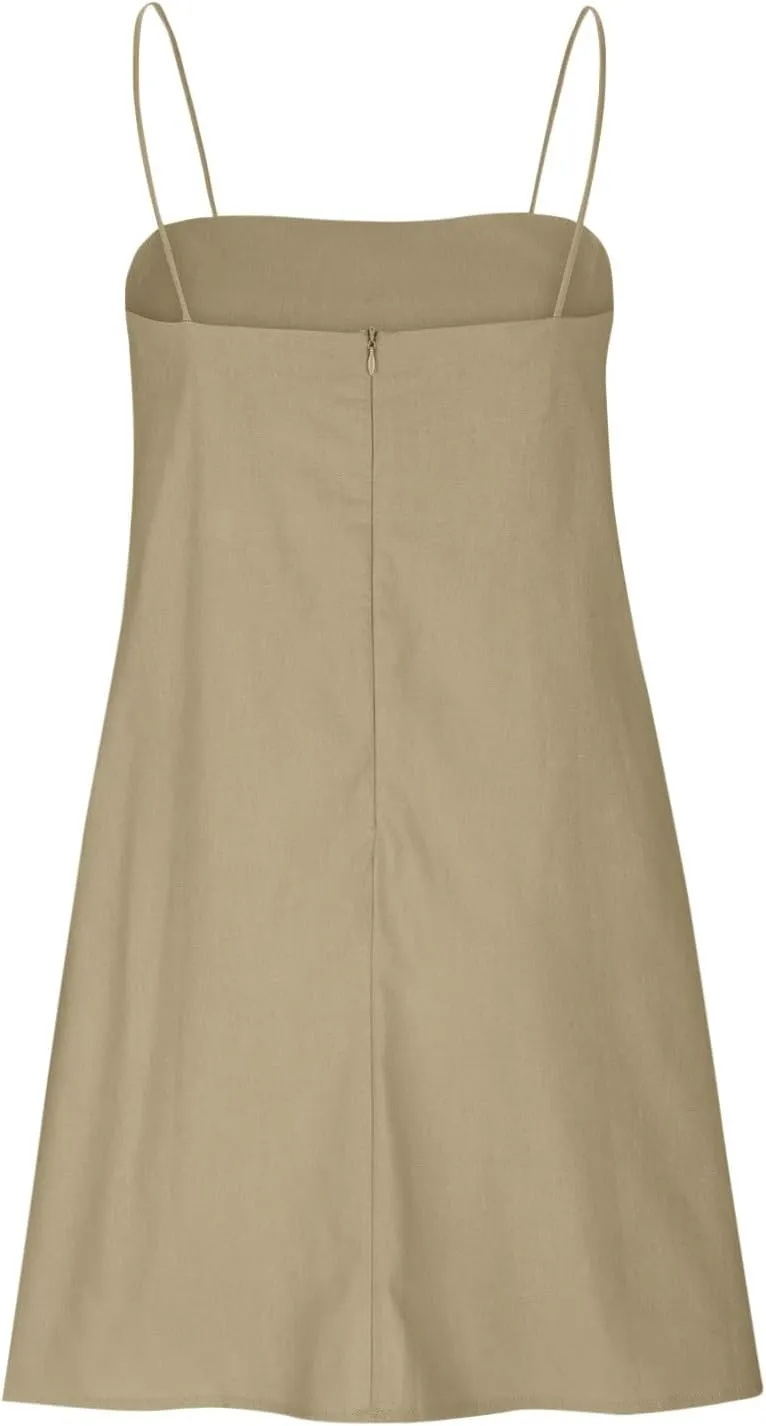 Linen Mini Dress Women Spaghetti Strap Summer Dress Loose Sleeveless Beachwear A-Line Casual Dress Short Cami Dress