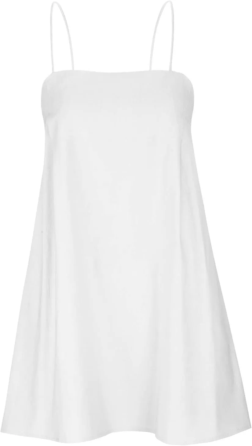 Linen Mini Dress Women Spaghetti Strap Summer Dress Loose Sleeveless Beachwear A-Line Casual Dress Short Cami Dress