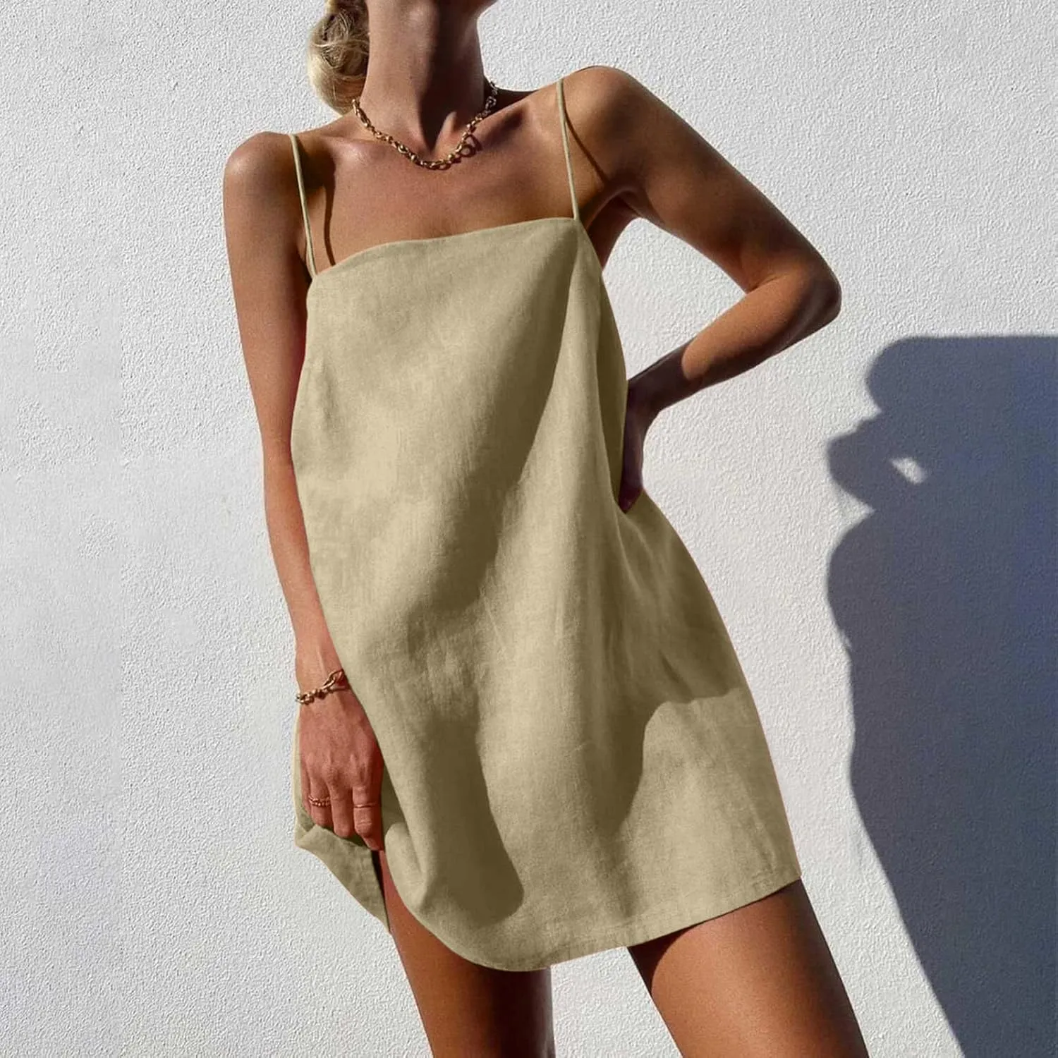 Linen Mini Dress Women Spaghetti Strap Summer Dress Loose Sleeveless Beachwear A-Line Casual Dress Short Cami Dress