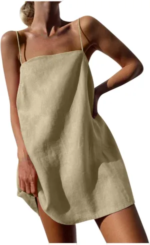 Linen Mini Dress Women Spaghetti Strap Summer Dress Loose Sleeveless Beachwear A-Line Casual Dress Short Cami Dress