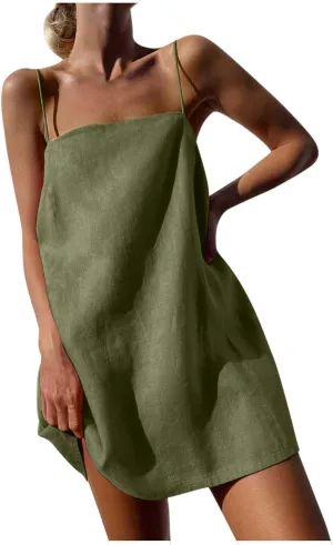 Linen Mini Dress Women Spaghetti Strap Summer Dress Loose Sleeveless Beachwear A-Line Casual Dress Short Cami Dress