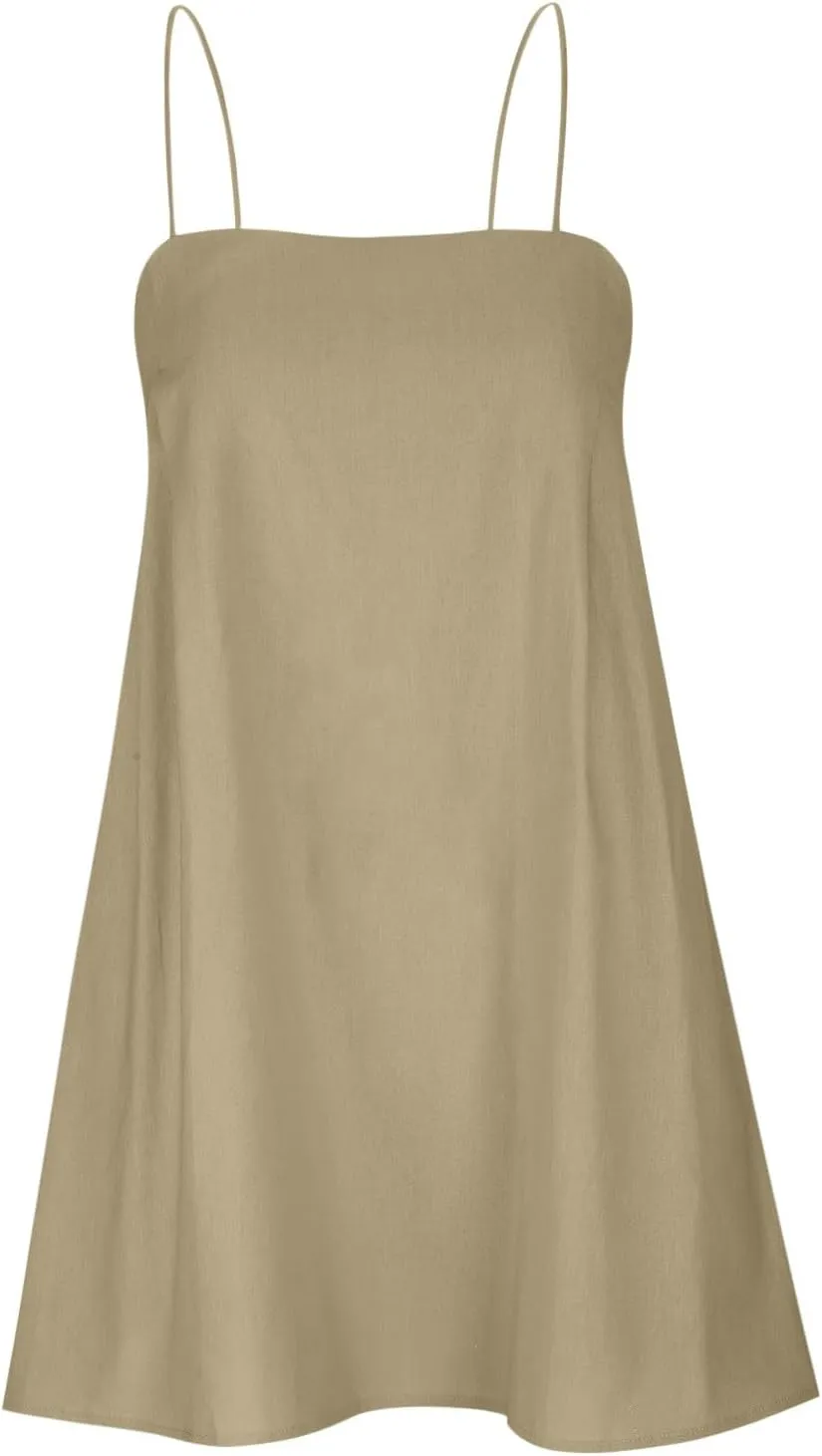 Linen Mini Dress Women Spaghetti Strap Summer Dress Loose Sleeveless Beachwear A-Line Casual Dress Short Cami Dress