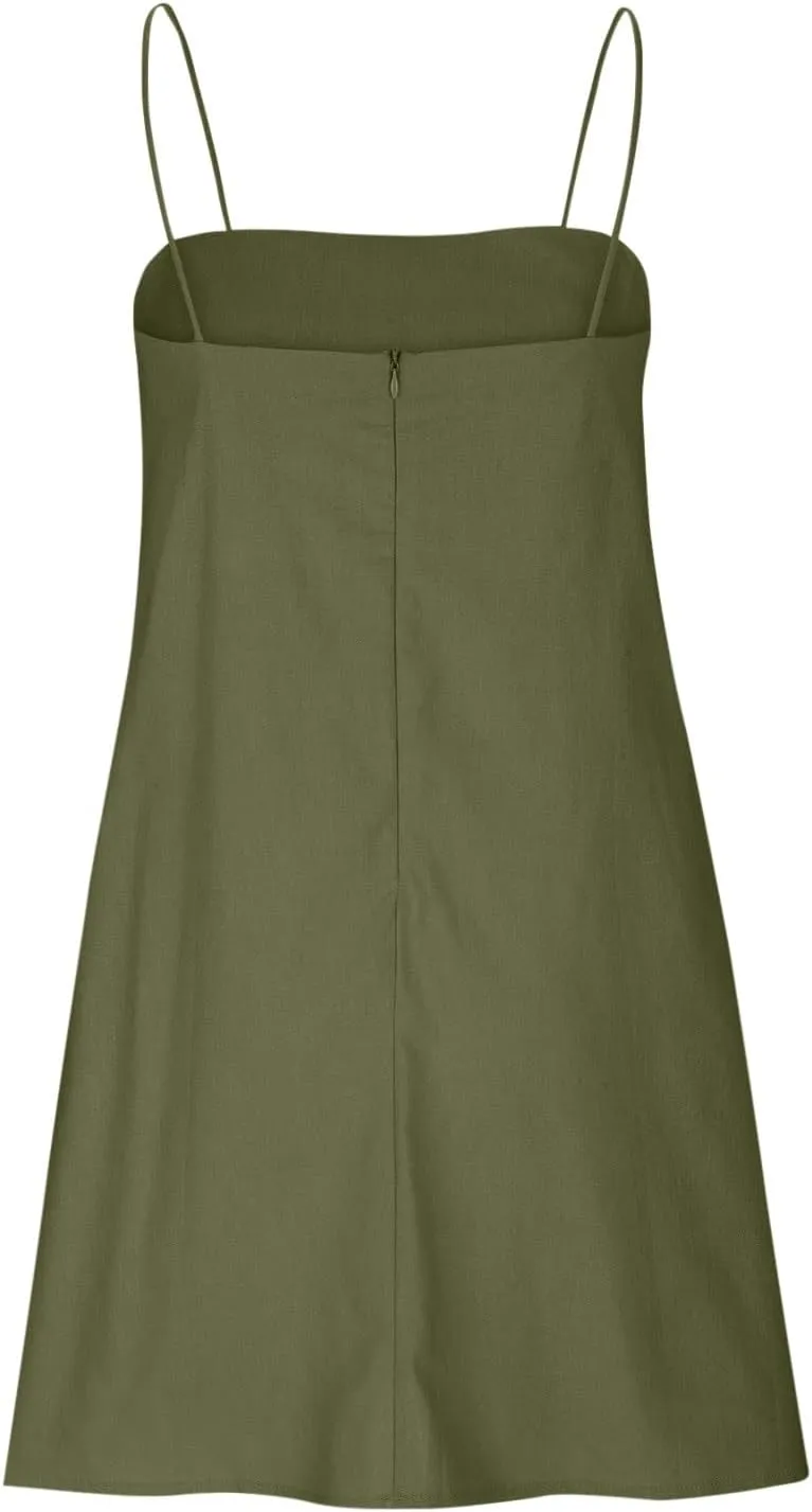 Linen Mini Dress Women Spaghetti Strap Summer Dress Loose Sleeveless Beachwear A-Line Casual Dress Short Cami Dress