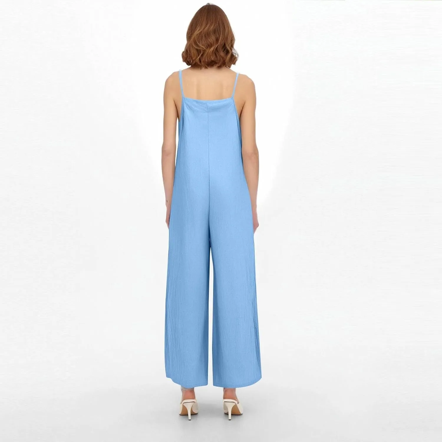 Linen Overalls for Women Loose Fit Wide Leg One Piece Jumpsuits Summer Casual Sleeveless Straps Rompers with Pockets