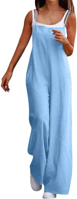 Linen Overalls for Women Loose Fit Wide Leg One Piece Jumpsuits Summer Casual Sleeveless Straps Rompers with Pockets