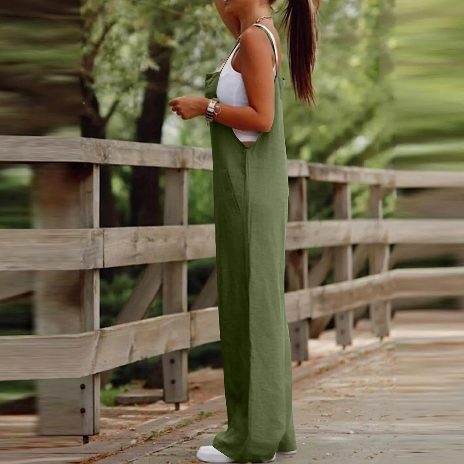 Linen Overalls for Women Loose Fit Wide Leg One Piece Jumpsuits Summer Casual Sleeveless Straps Rompers with Pockets