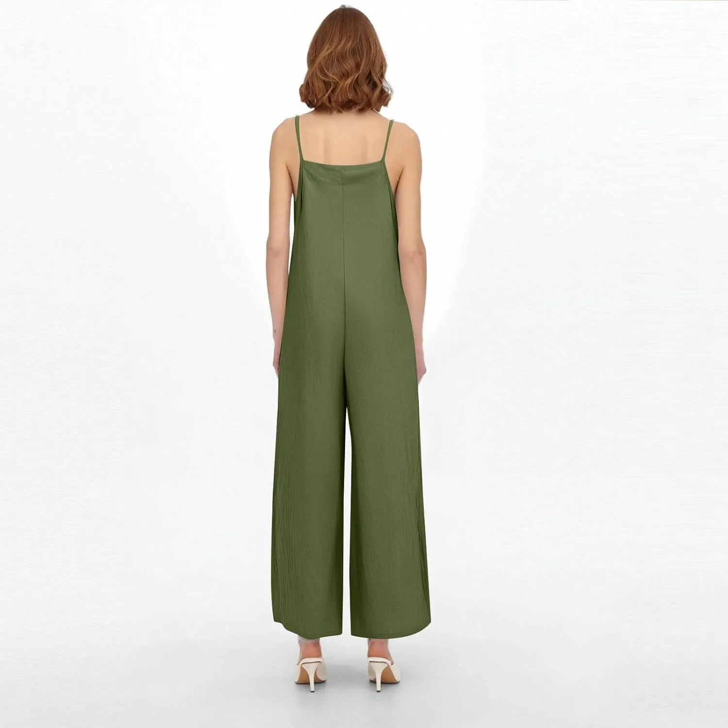 Linen Overalls for Women Loose Fit Wide Leg One Piece Jumpsuits Summer Casual Sleeveless Straps Rompers with Pockets