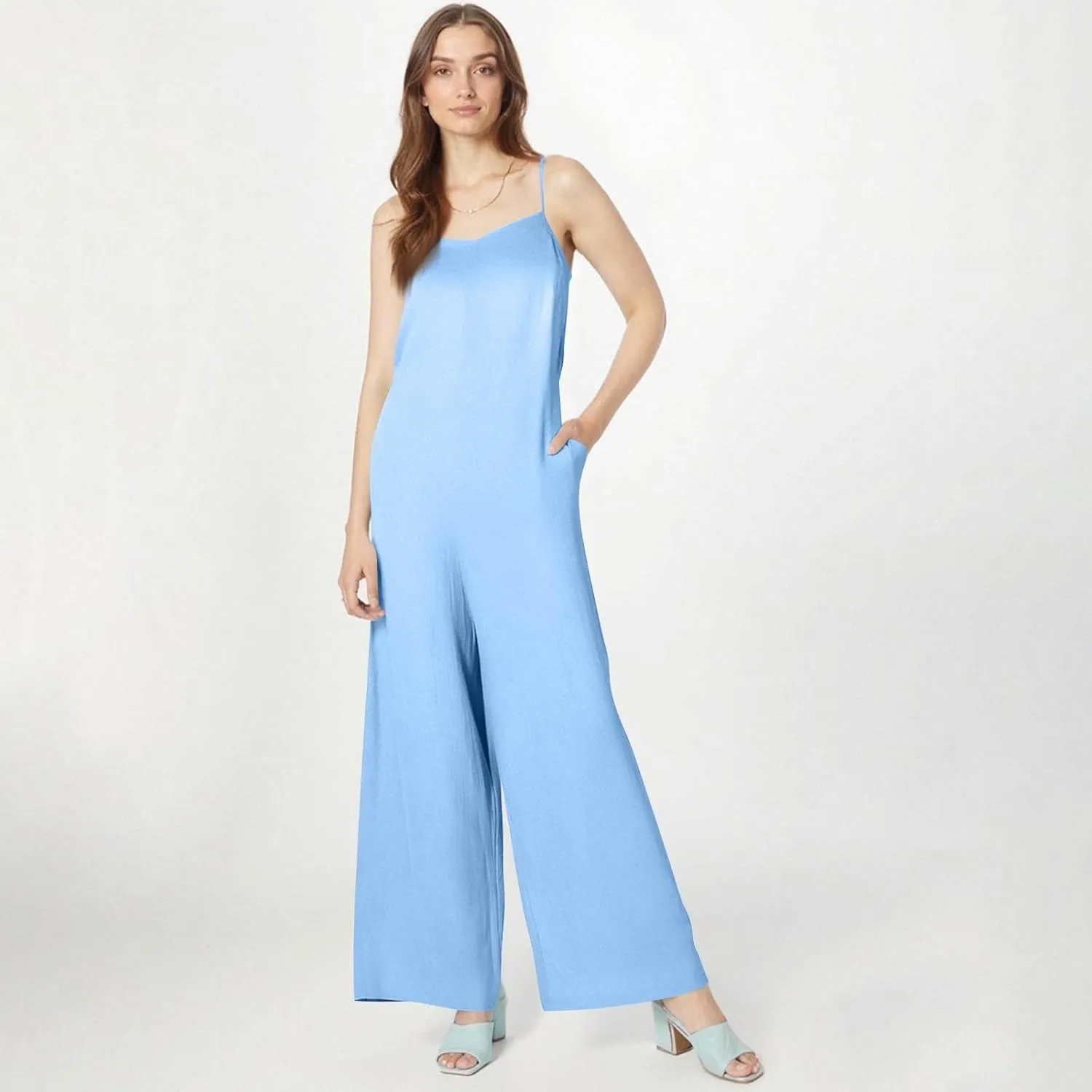 Linen Overalls for Women Loose Fit Wide Leg One Piece Jumpsuits Summer Casual Sleeveless Straps Rompers with Pockets
