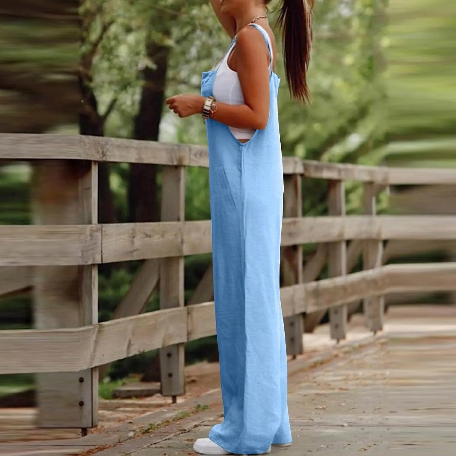 Linen Overalls for Women Loose Fit Wide Leg One Piece Jumpsuits Summer Casual Sleeveless Straps Rompers with Pockets