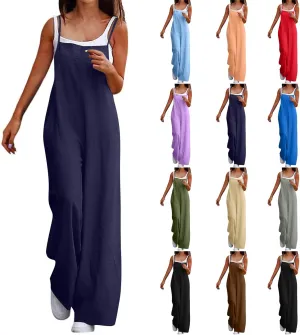 Linen Overalls for Women Loose Fit Wide Leg One Piece Jumpsuits Summer Casual Sleeveless Straps Rompers with Pockets