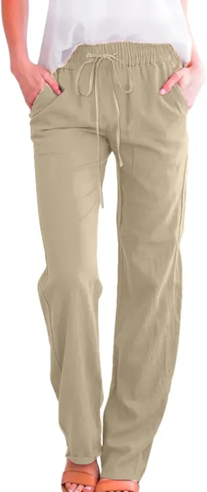 Linen Pants Women Petite Women Loose High Waist Drawstring Flowy Wide Leg Beach Pants Casual Trousers with Pockets
