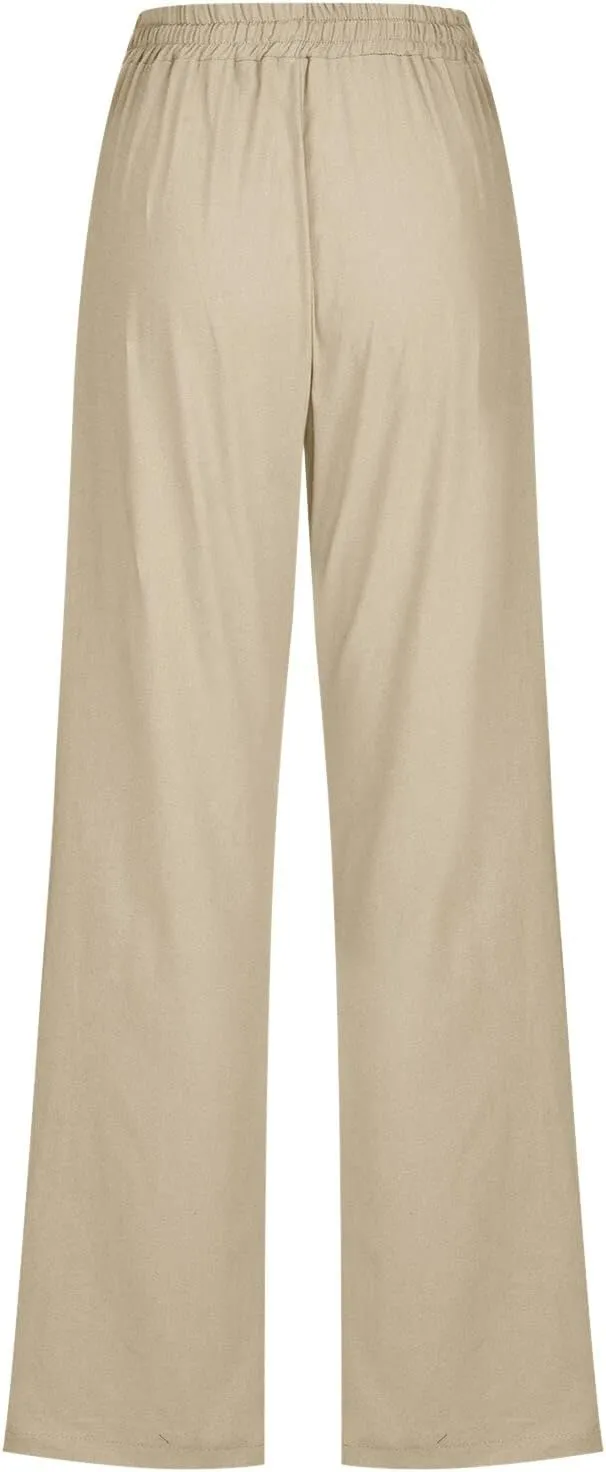 Linen Pants Women Petite Women Loose High Waist Drawstring Flowy Wide Leg Beach Pants Casual Trousers with Pockets