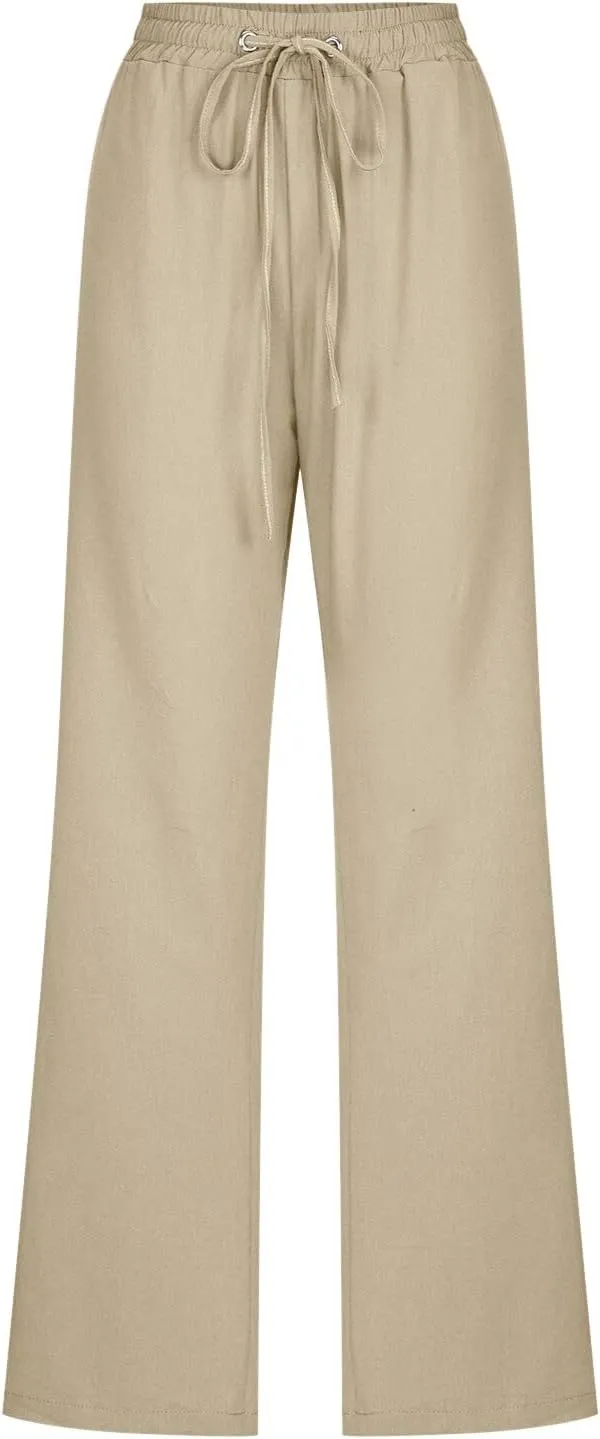Linen Pants Women Petite Women Loose High Waist Drawstring Flowy Wide Leg Beach Pants Casual Trousers with Pockets